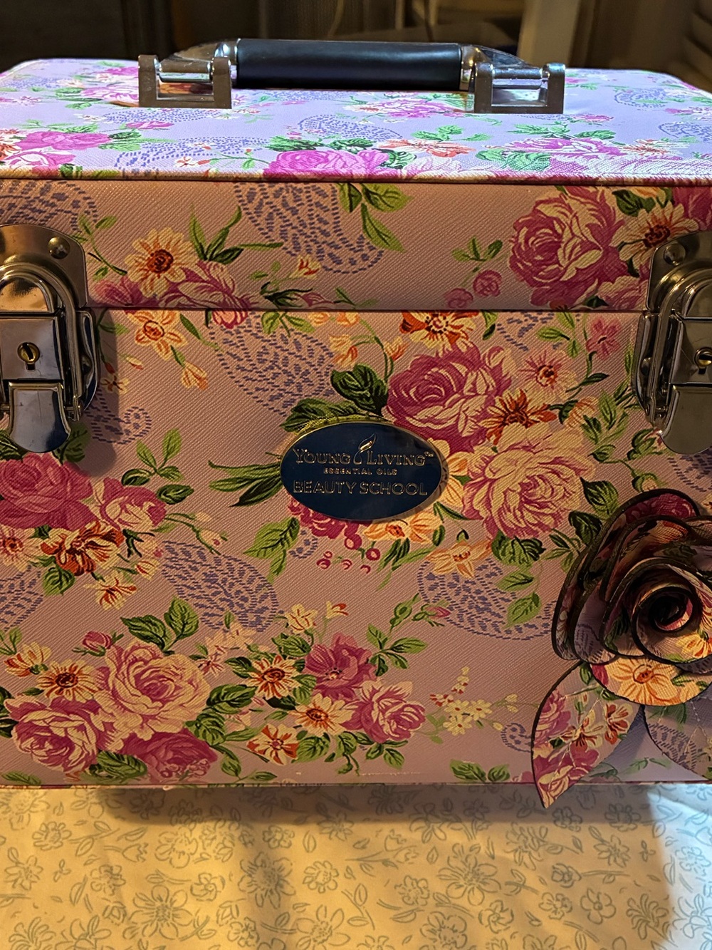Young Living Pink Floral Cosmetic Case with Rose Accent
